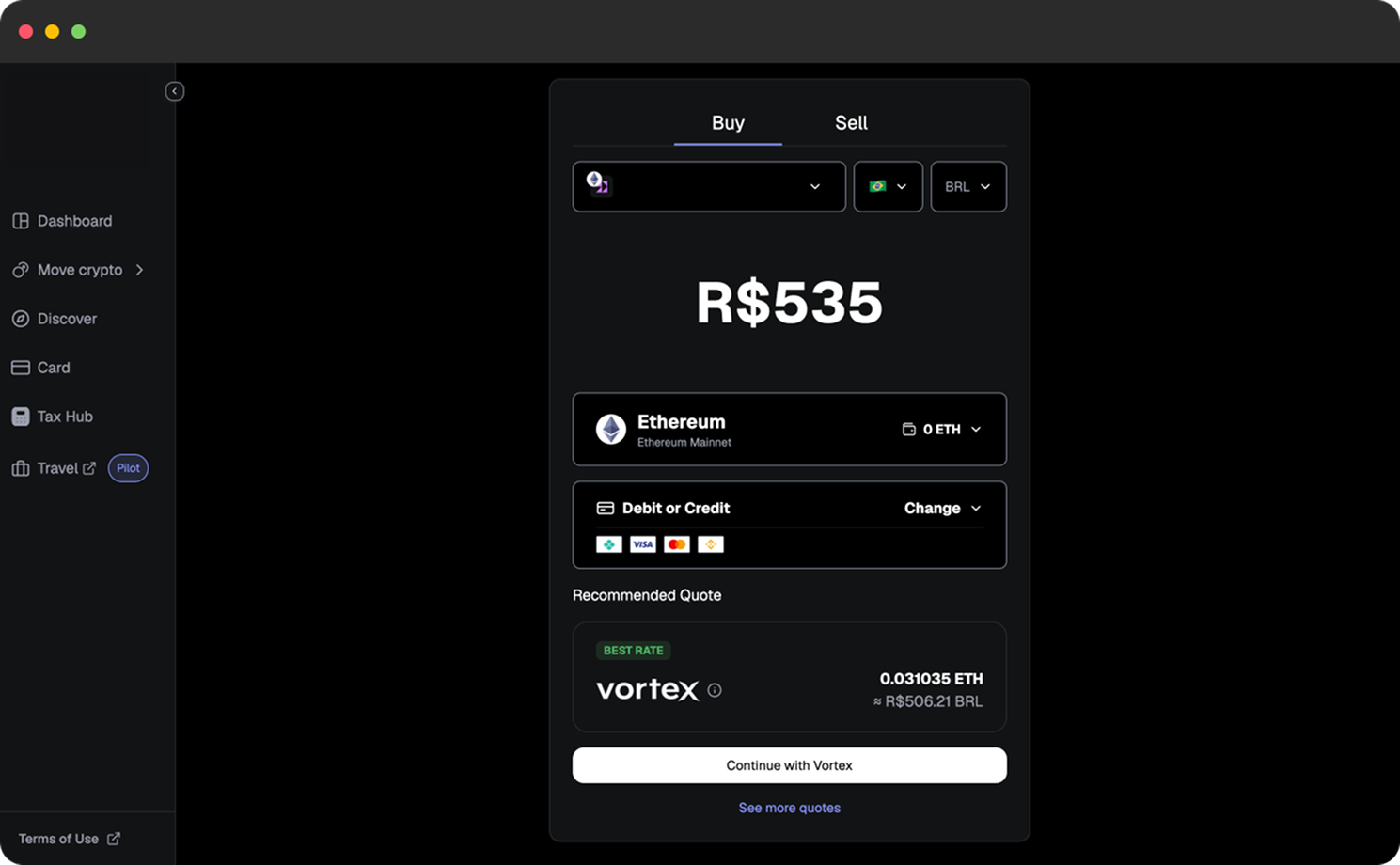 Vortex integration with MetaMask wallet showing EUR cryptocurrency transaction interface